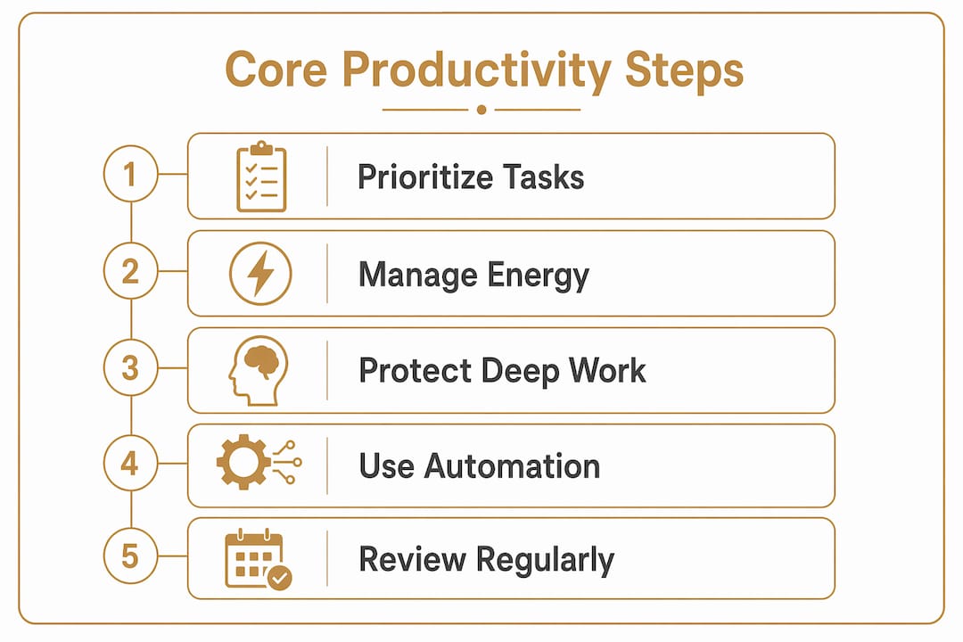 Infographic showing five core productivity steps for solopreneurs
