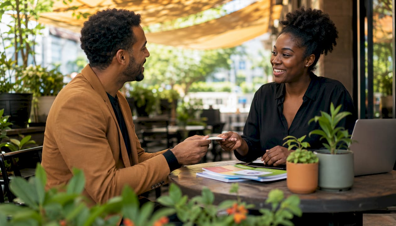 Hands exchanging business cards in café
