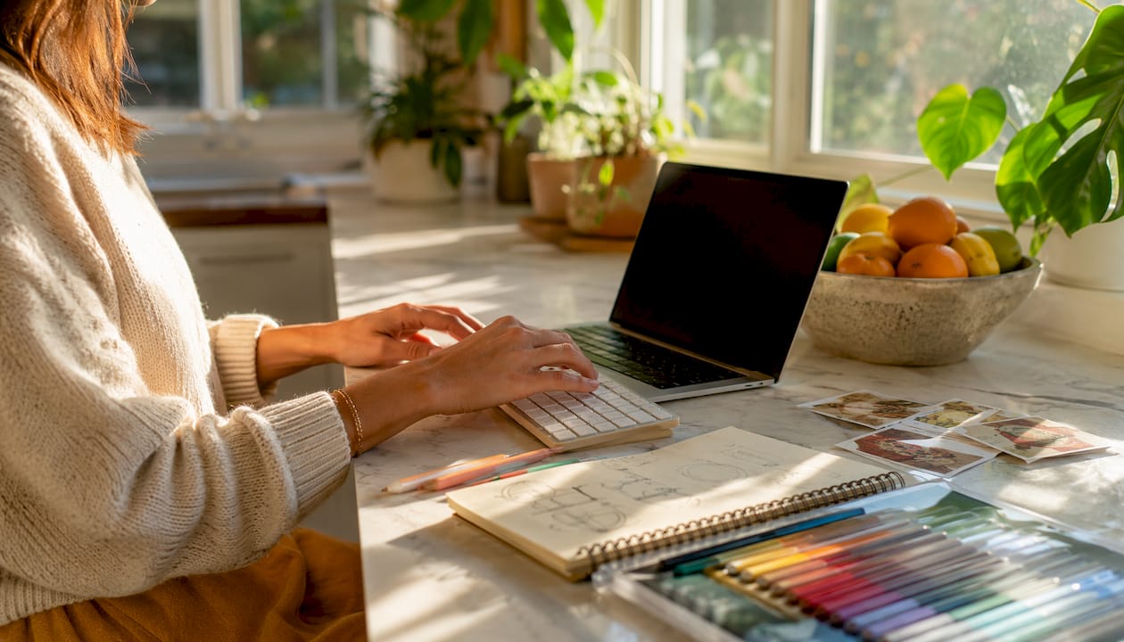 Hands typing business plan using AI workflow