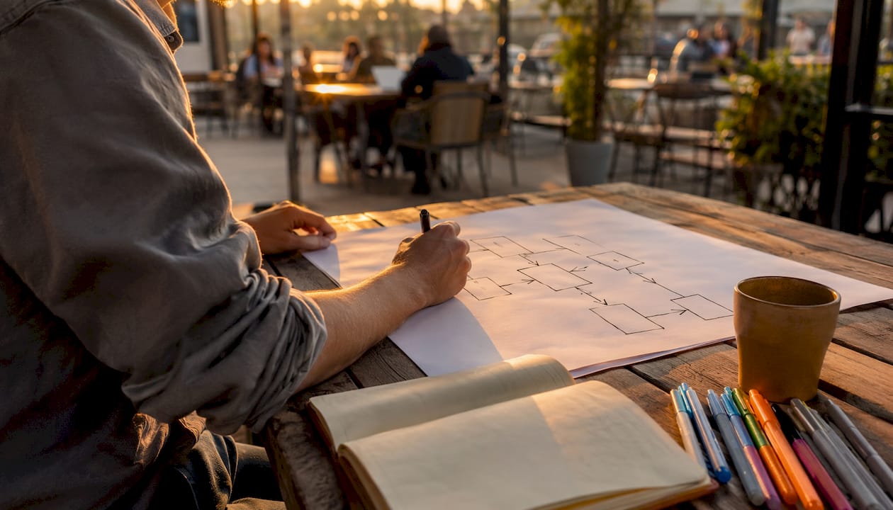 Hands sketching productized service flowchart at café table