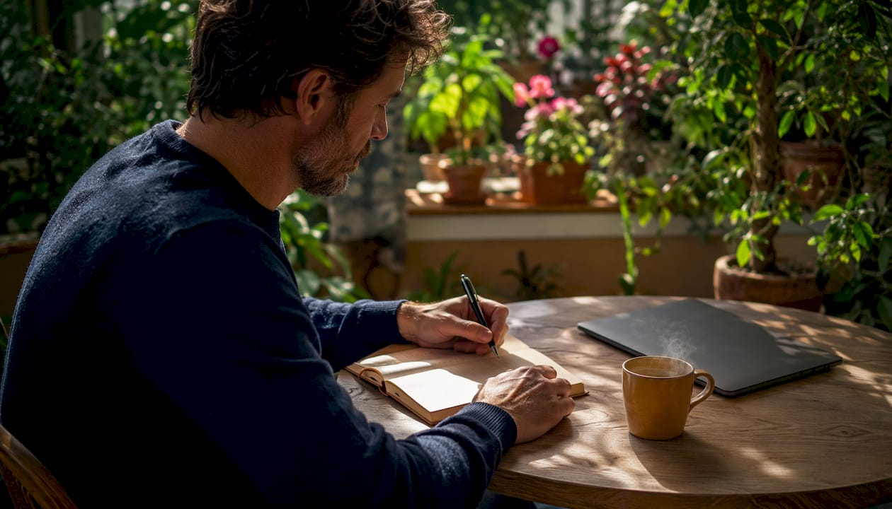Hands typing on keyboard with notes and coffee cup