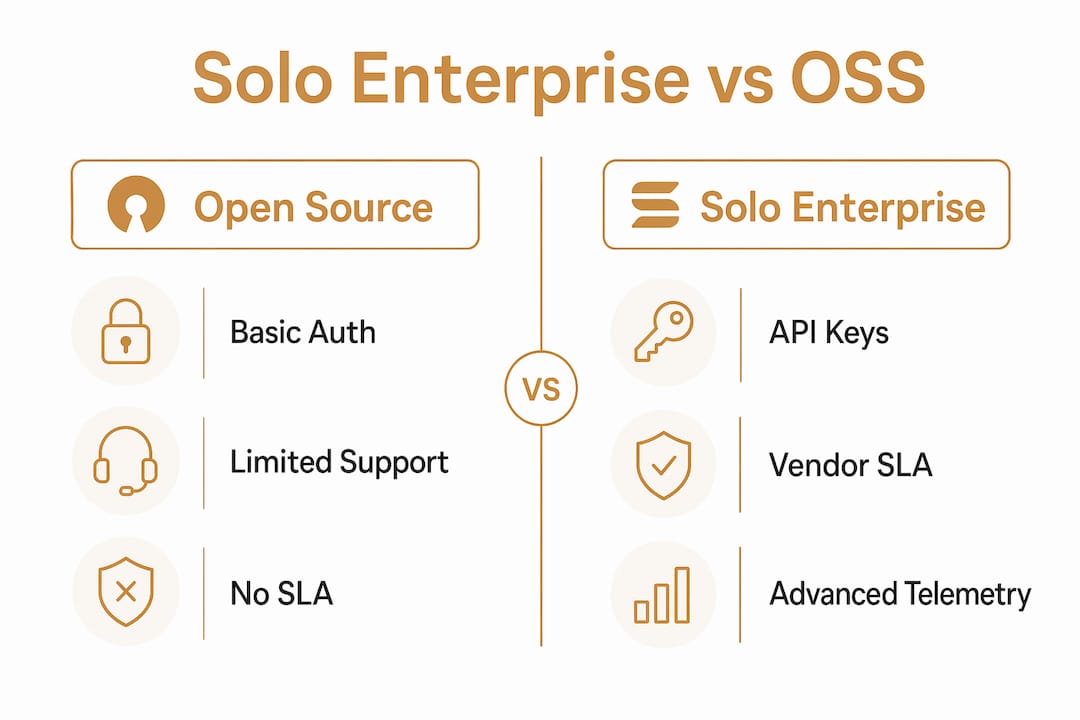 Infographic comparing Solo Enterprise and open source features