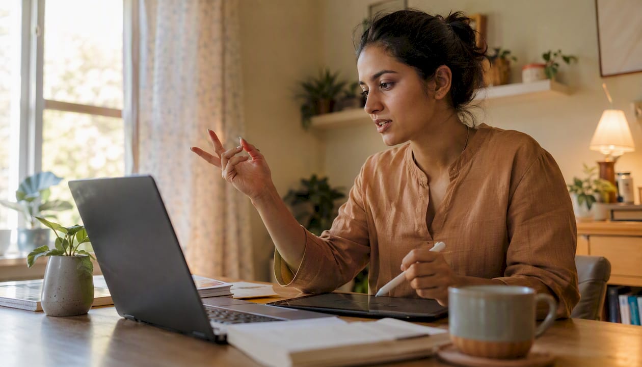 Solopreneur video calling in coworking space
