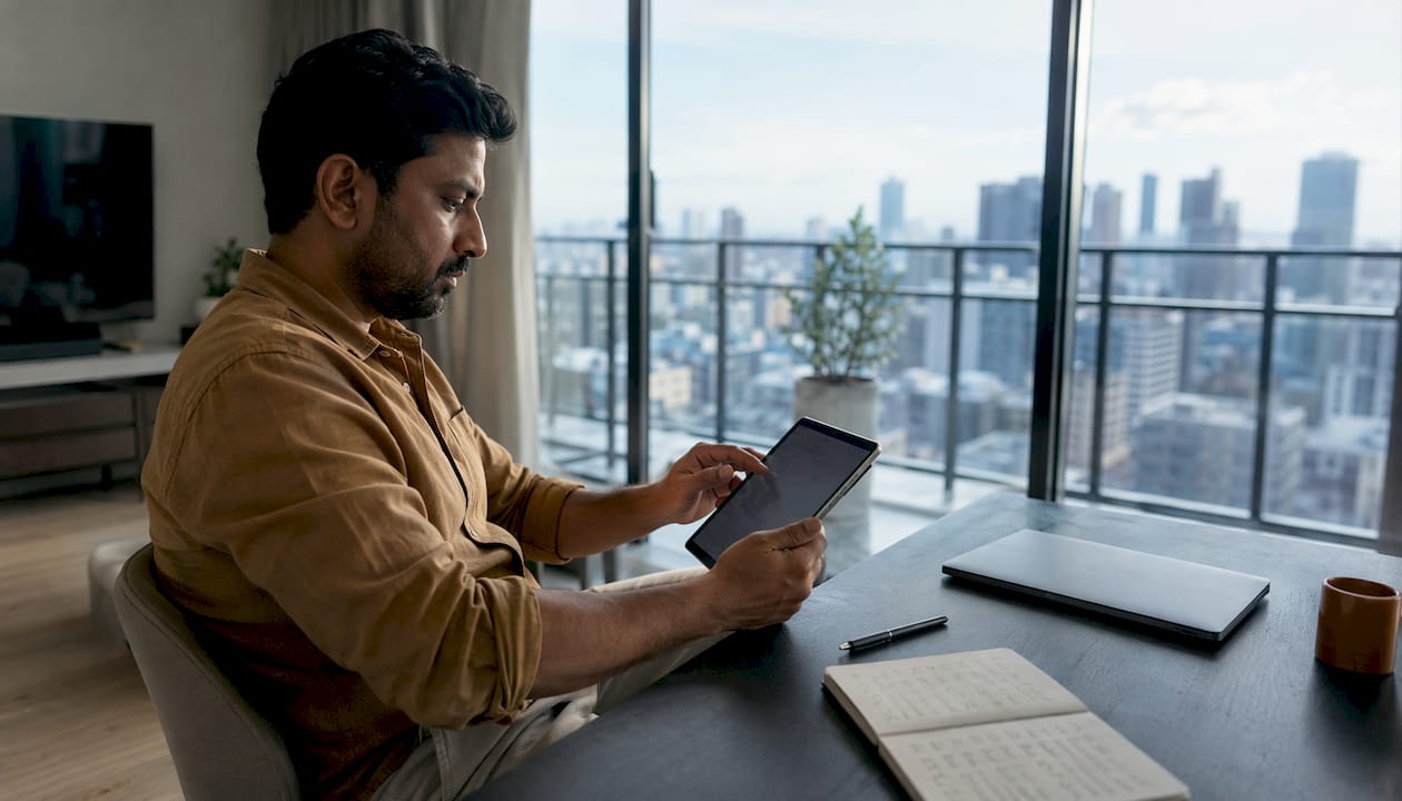 Man drafting AI-generated content on tablet