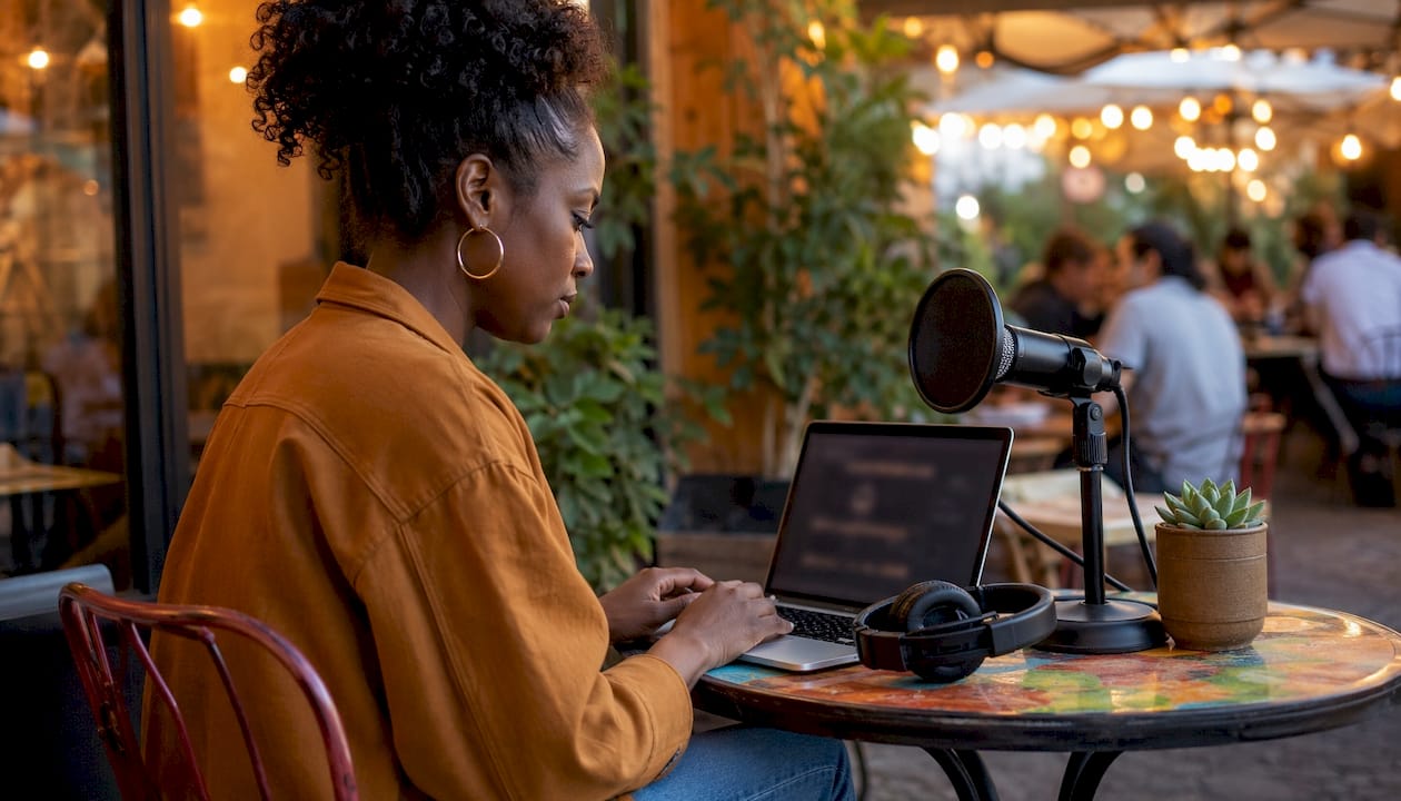 Hands editing audio with AI tools for podcast