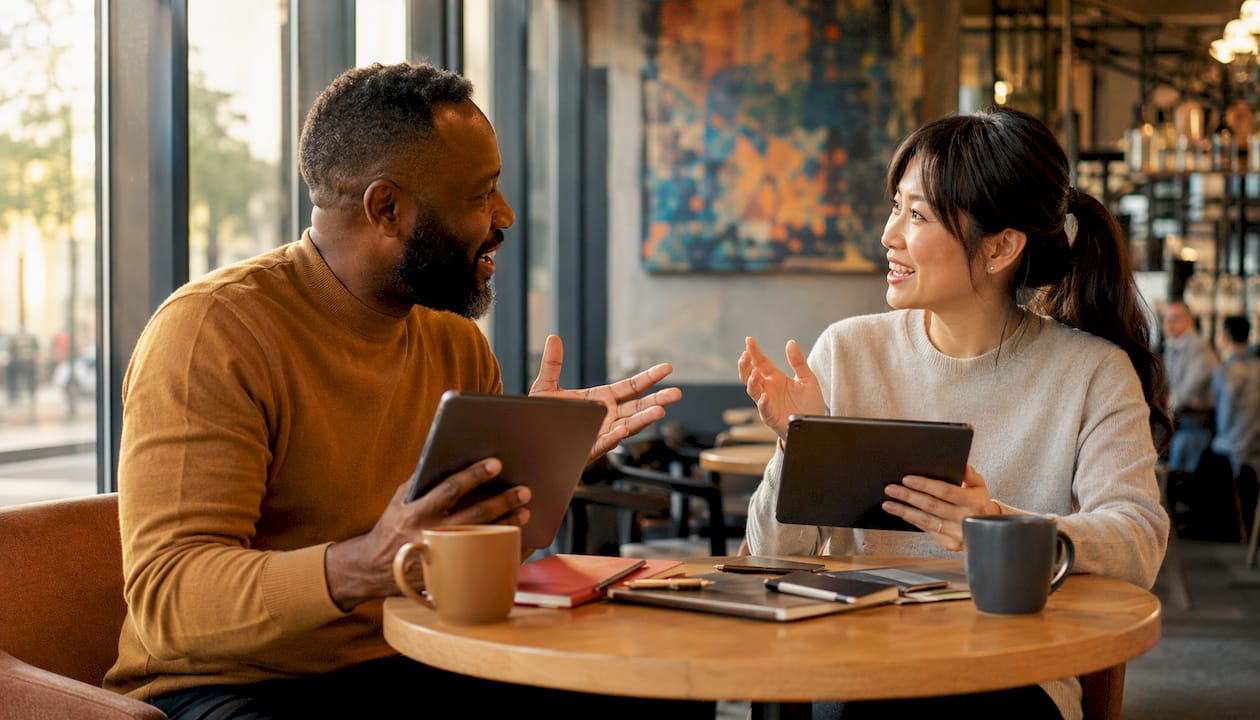 Diverse professionals discussing AI assistants at table