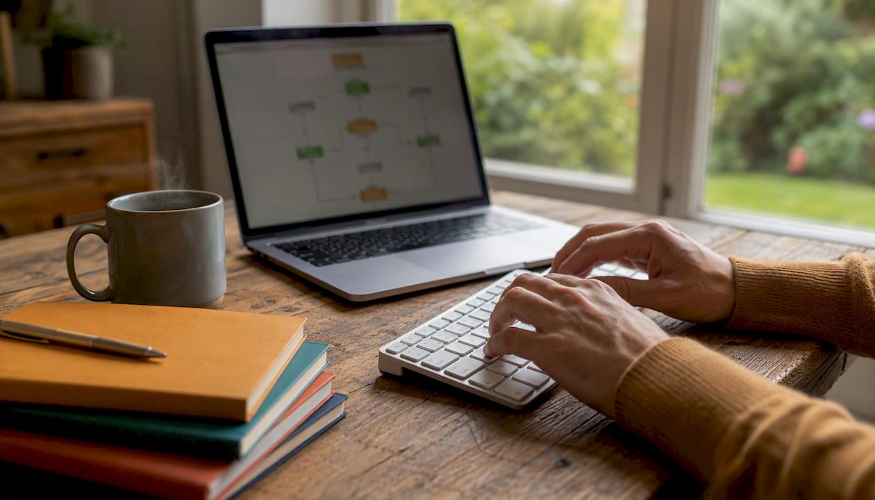Hands typing on keyboard near email workflow papers