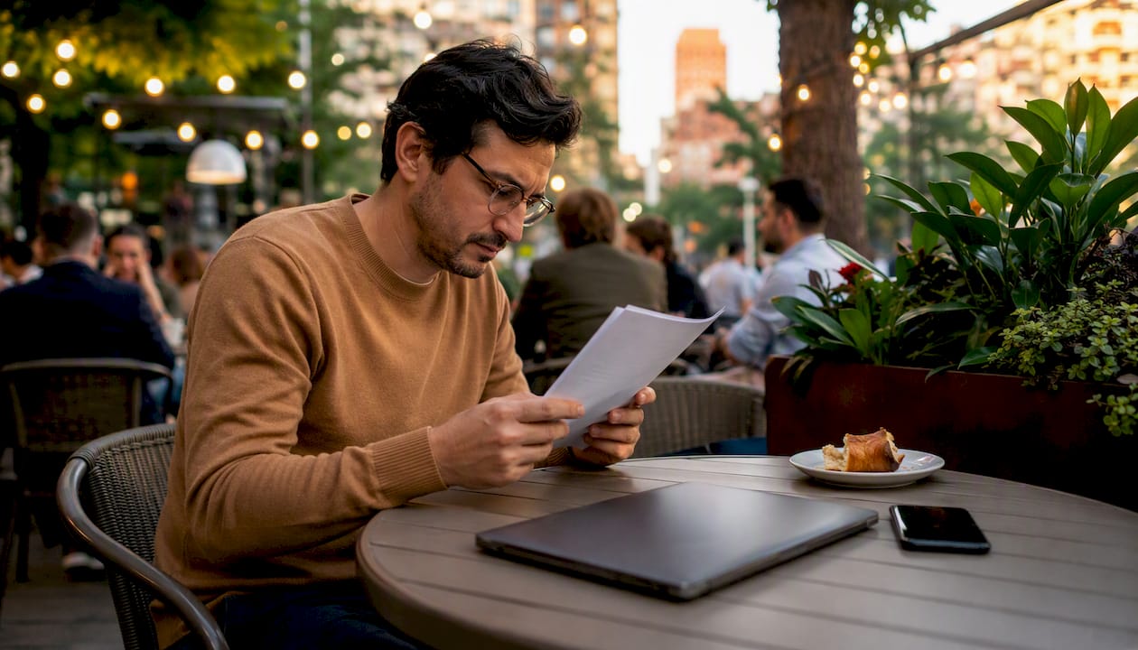 Man reviewing email marketing best practices at café table