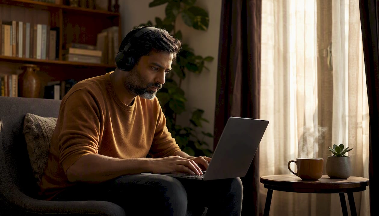 Man working remotely with laptop and headphones