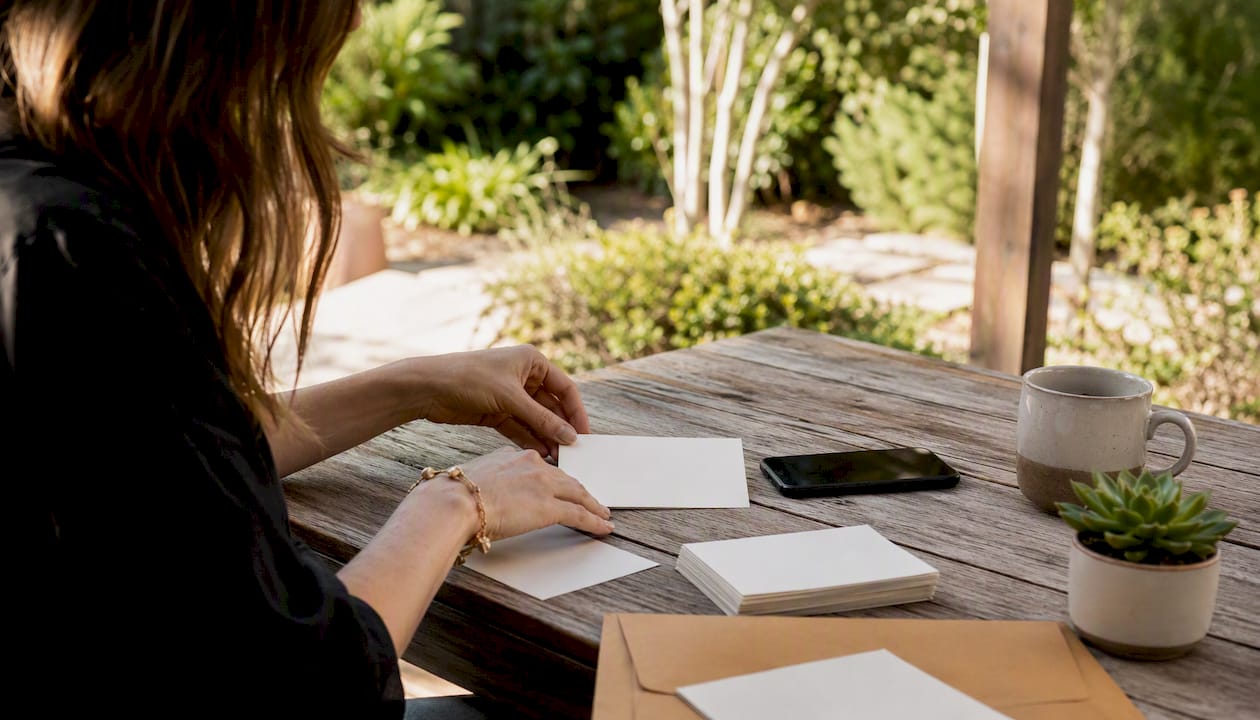 Hands preparing referral program materials on table