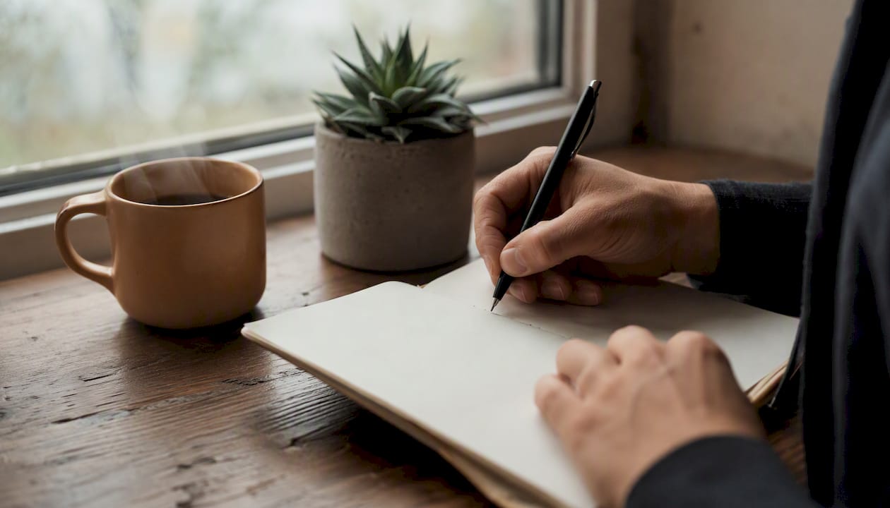 Hands writing business lessons in notebook