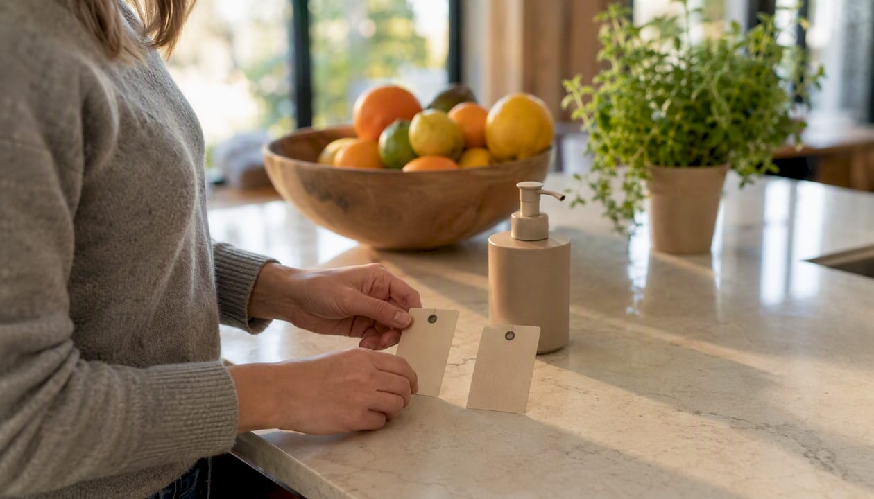 Hands arranging price tags for product test