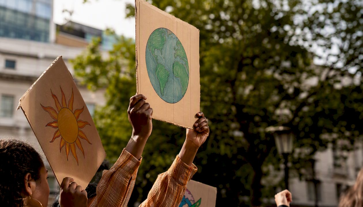 Close-up of hands holding protest signs outdoors