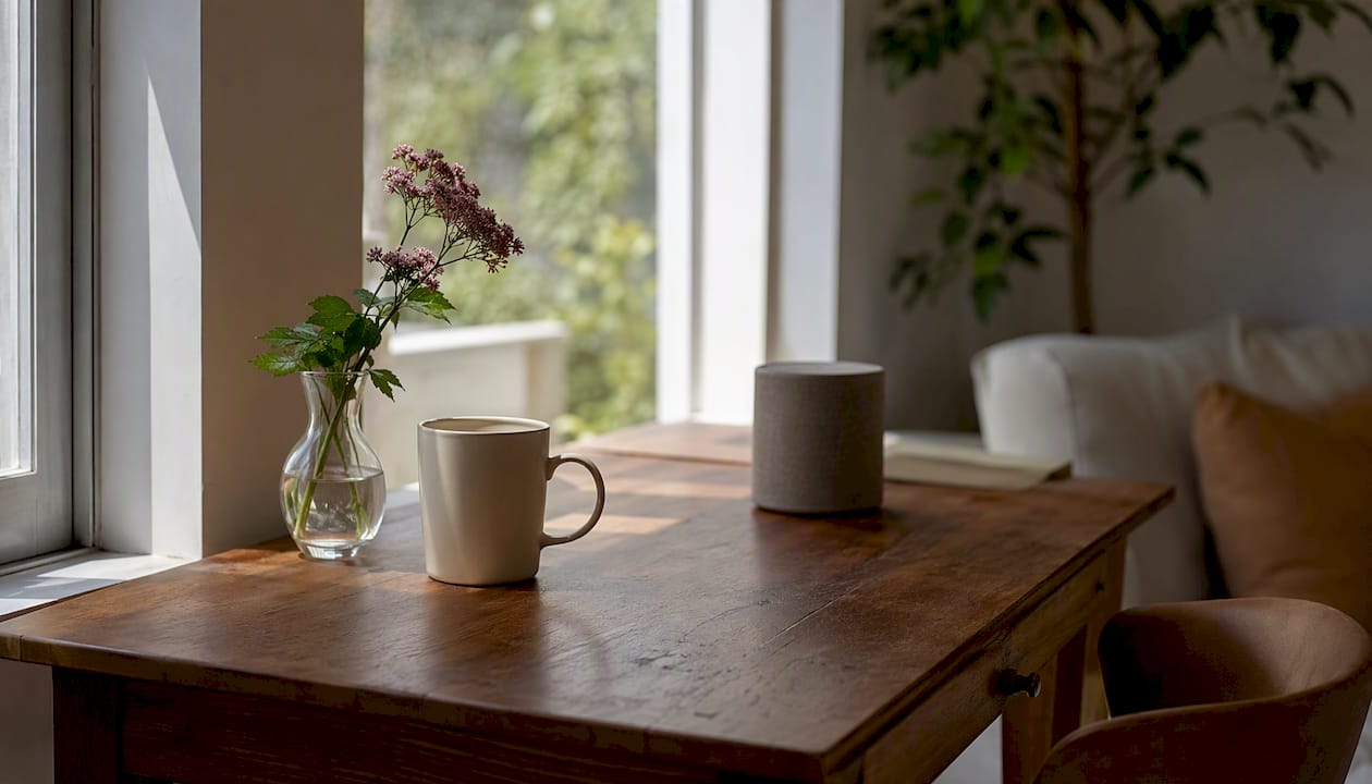 Minimalist dedicated work desk with plant and mug