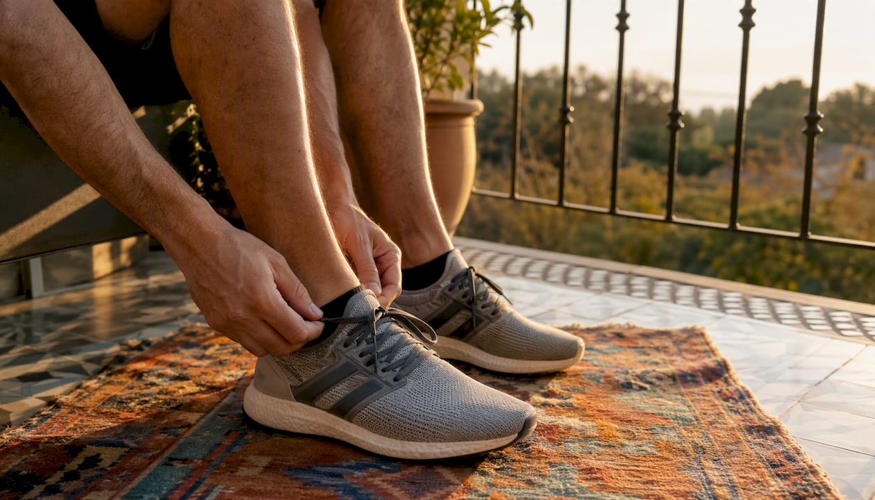 Hands tying running shoes before break walk