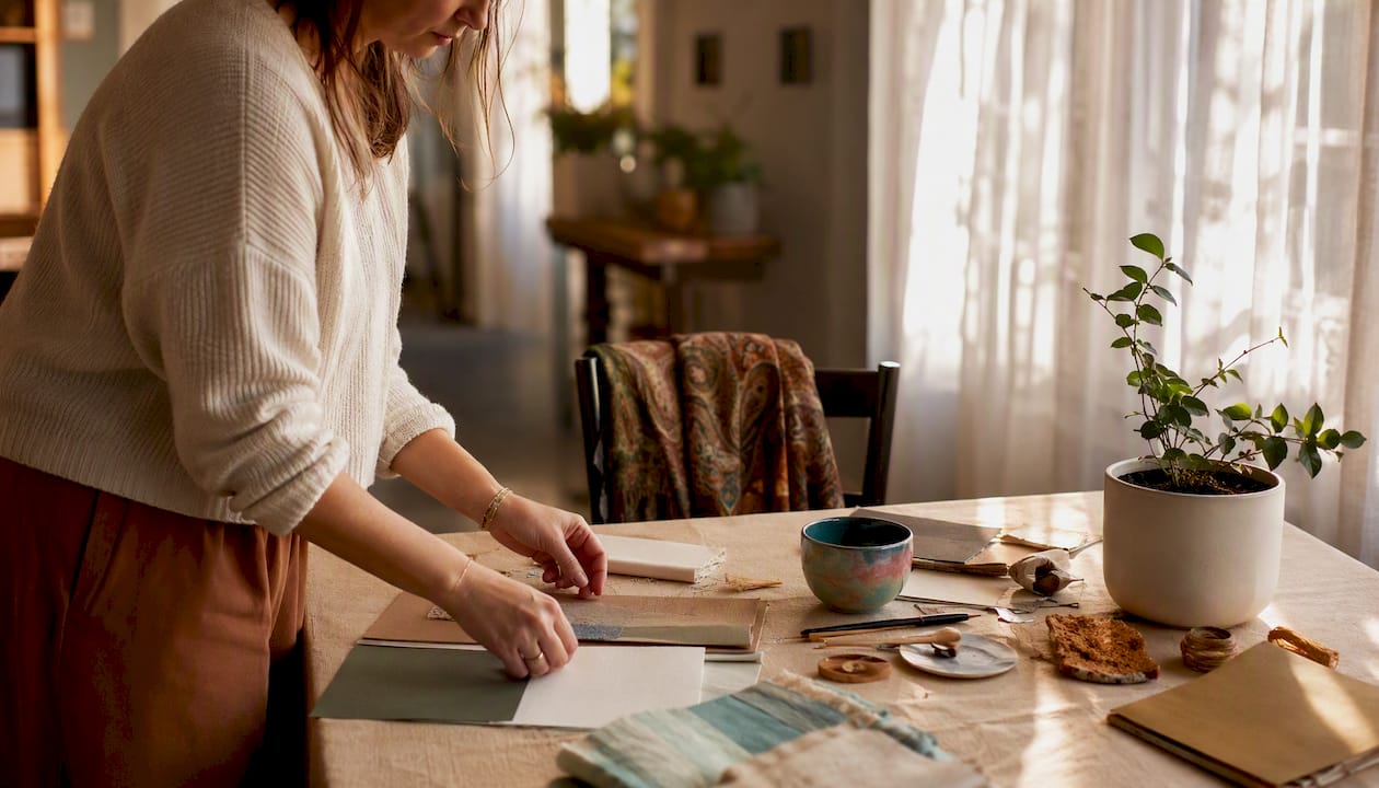 Hands arranging workshop materials on wooden table