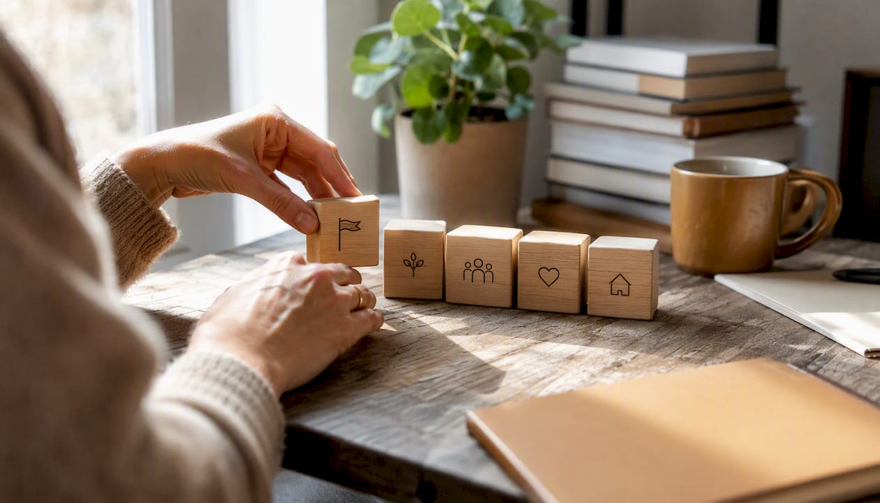 Hands arranging milestone calendar blocks