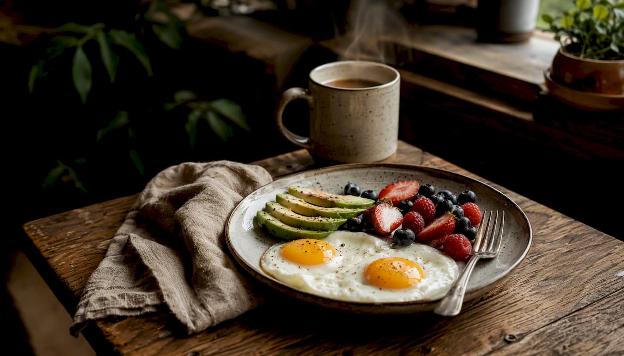 Healthy breakfast plate with eggs and avocado