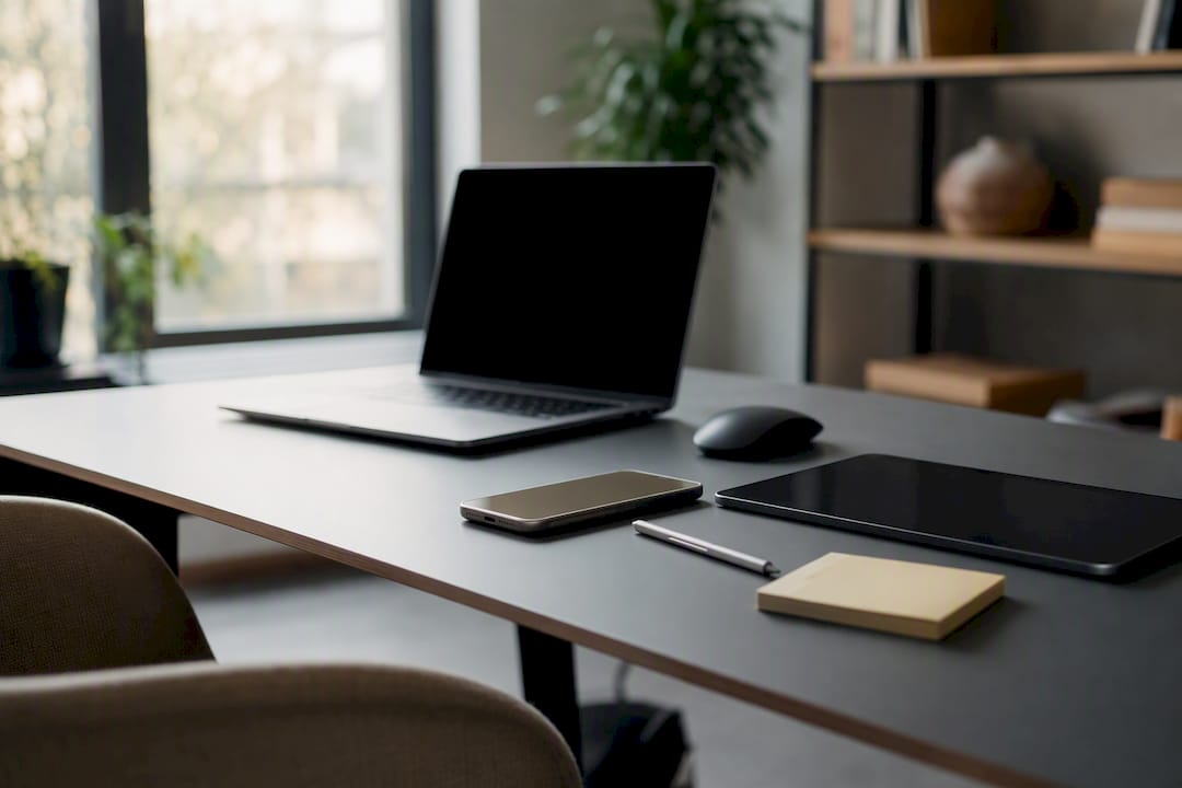 Minimalist digital workspace with notes and devices