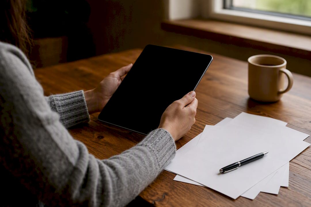 Hands holding dark tablet, measuring deliverability