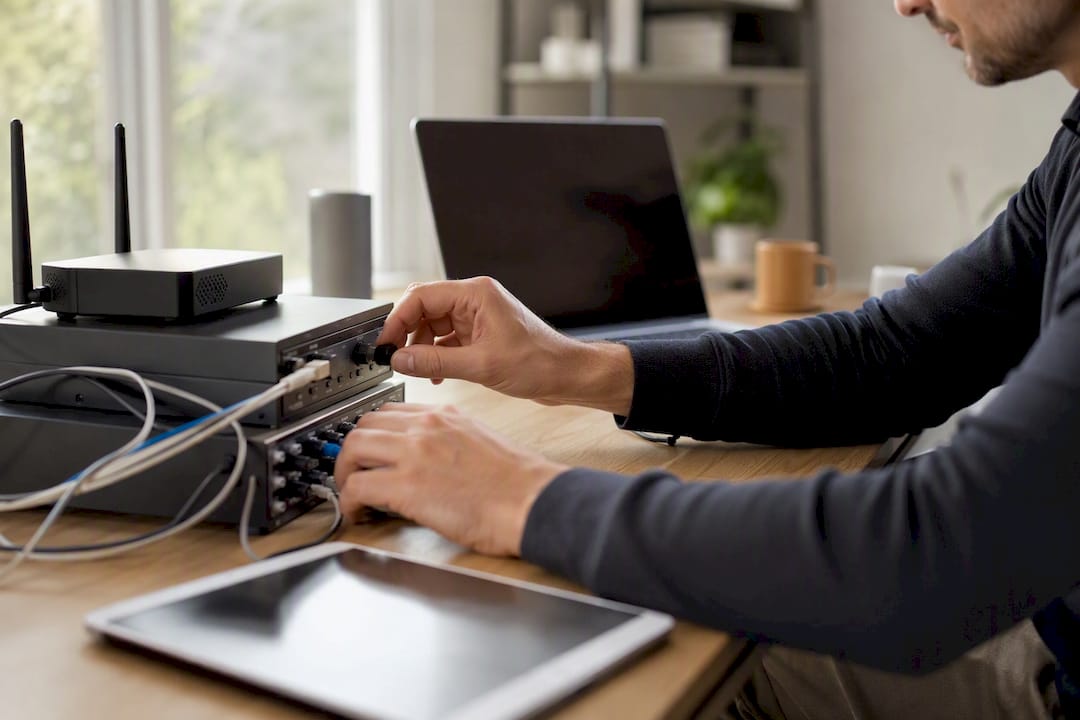 Hands adjusting network hardware for deliverability