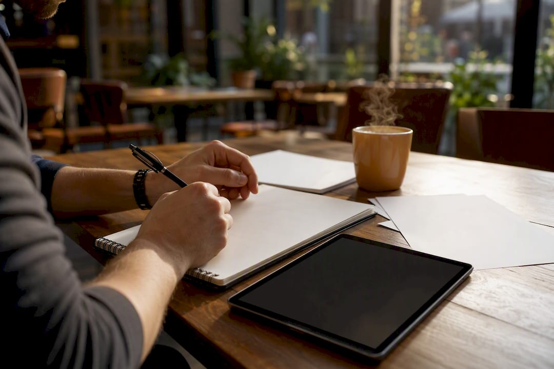 Hands drafting detailed email campaign briefs