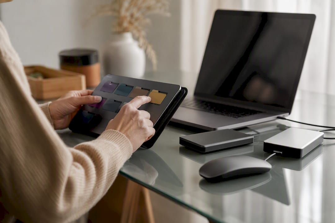 Hands organizing digital project folders on laptop