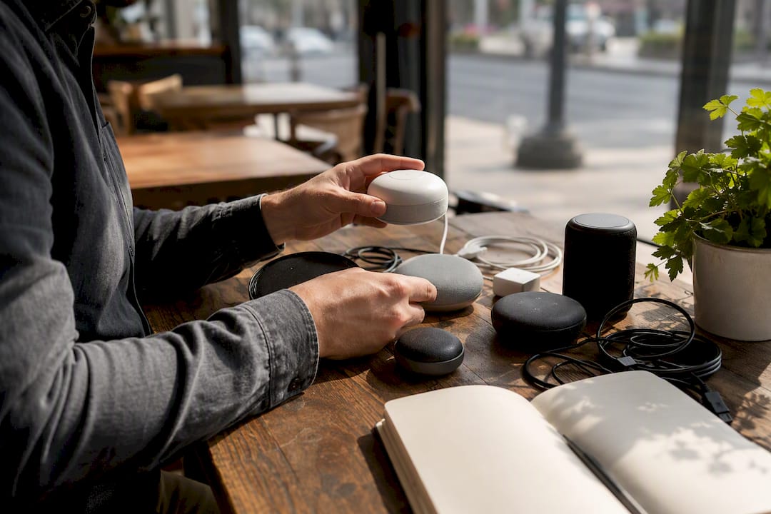 Hands connecting AI assistant devices