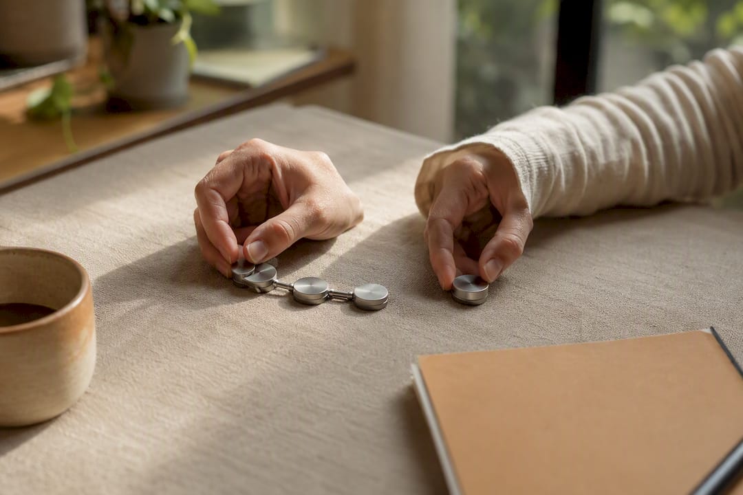 Hands linking smart tags representing checkout steps
