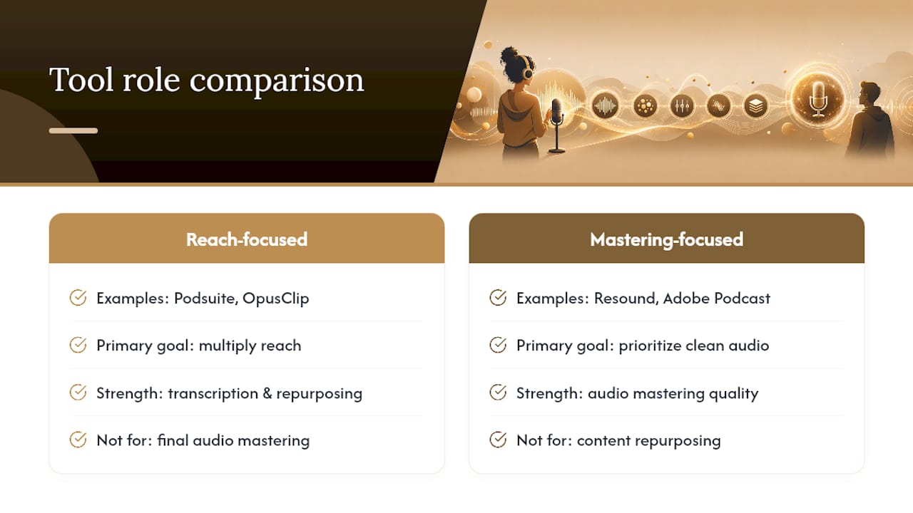 Podcast AI tools mapped by core function