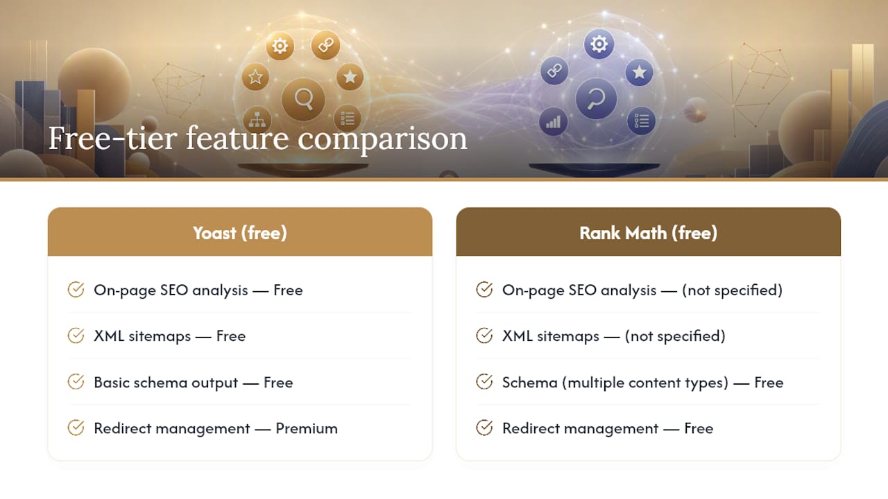 Free tier feature comparison for SEO plugins