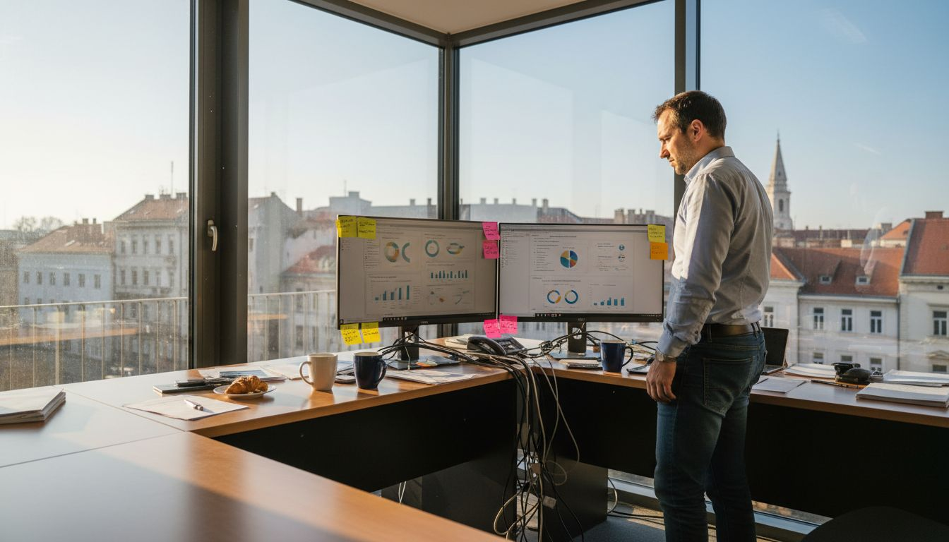 Stručnjak za digitalni marketing analizira radne procese za svojim stolom.