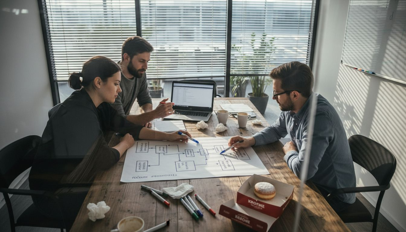 Tim u uredu zajednički razrađuje marketinške procese i dogovara strategiju za daljnje korake.