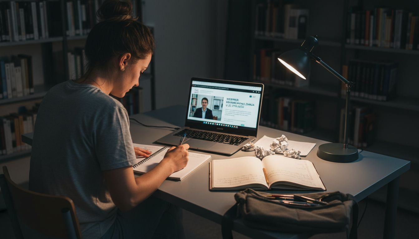 Studentica sudjeluje na webinaru i zapisuje najvažnije informacije.