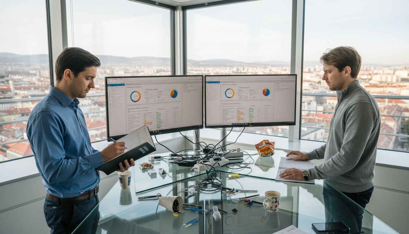 Tim stručnjaka proučava podatke u moderno uređenom uredu smještenom u kutu poslovne zgrade.