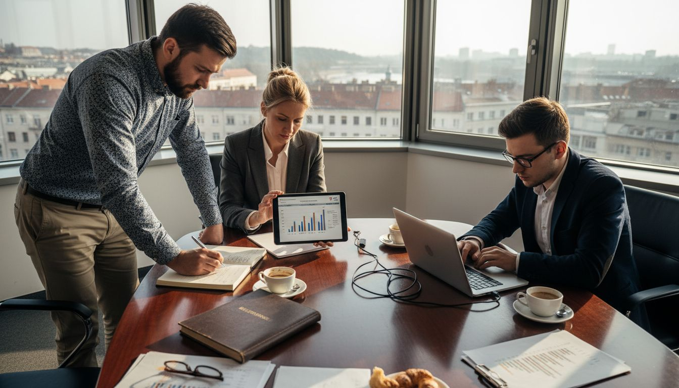Tim zajednički radi za stolom, koristeći laptope, tablete i mobitele.