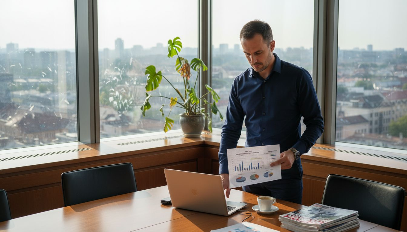 U svom uredu, menadžer analizira podatke koje je generirala umjetna inteligencija.