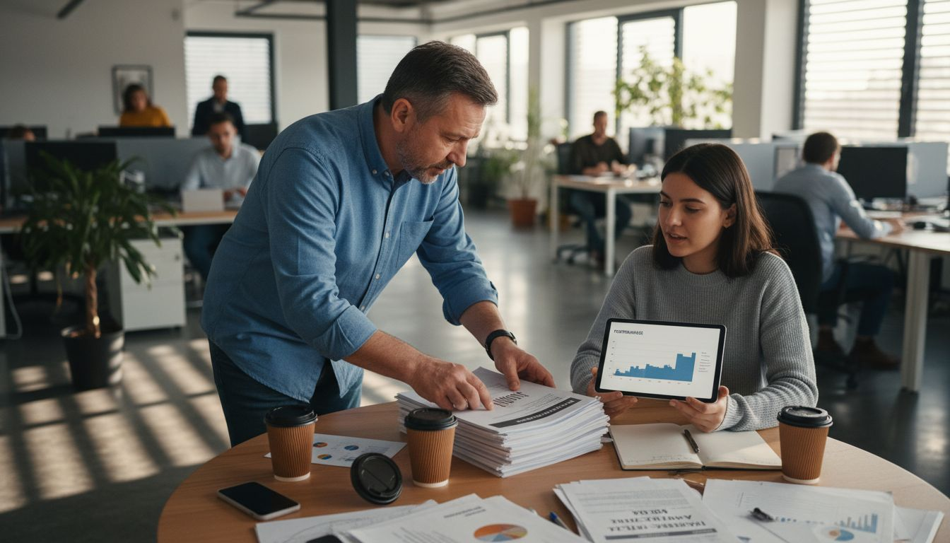 Voditelj i kolega zajedno razmatraju moguće marketinške strategije.