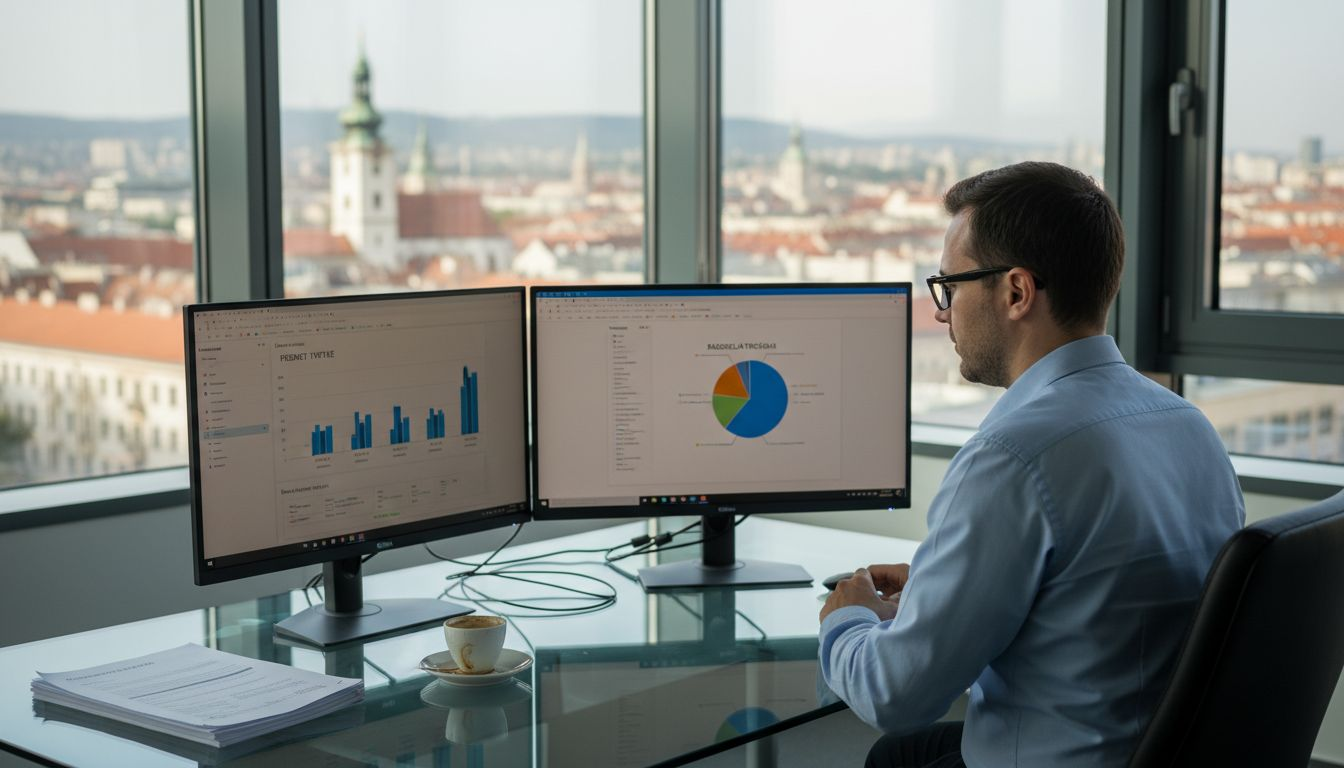 IT menadžer sjedi za računalom i analizira poslovne podatke.