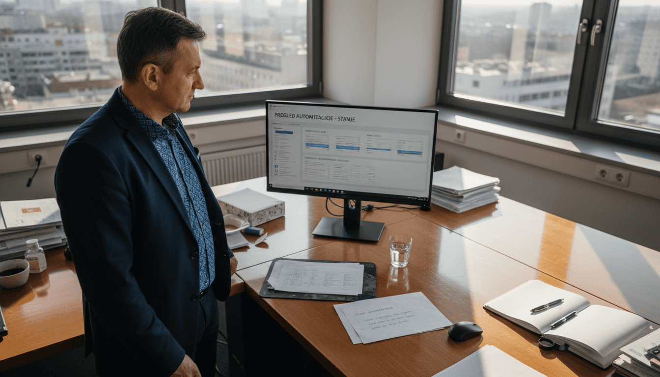 Voditelj u uredu pažljivo prati podatke na nadzornoj ploči za automatizaciju.