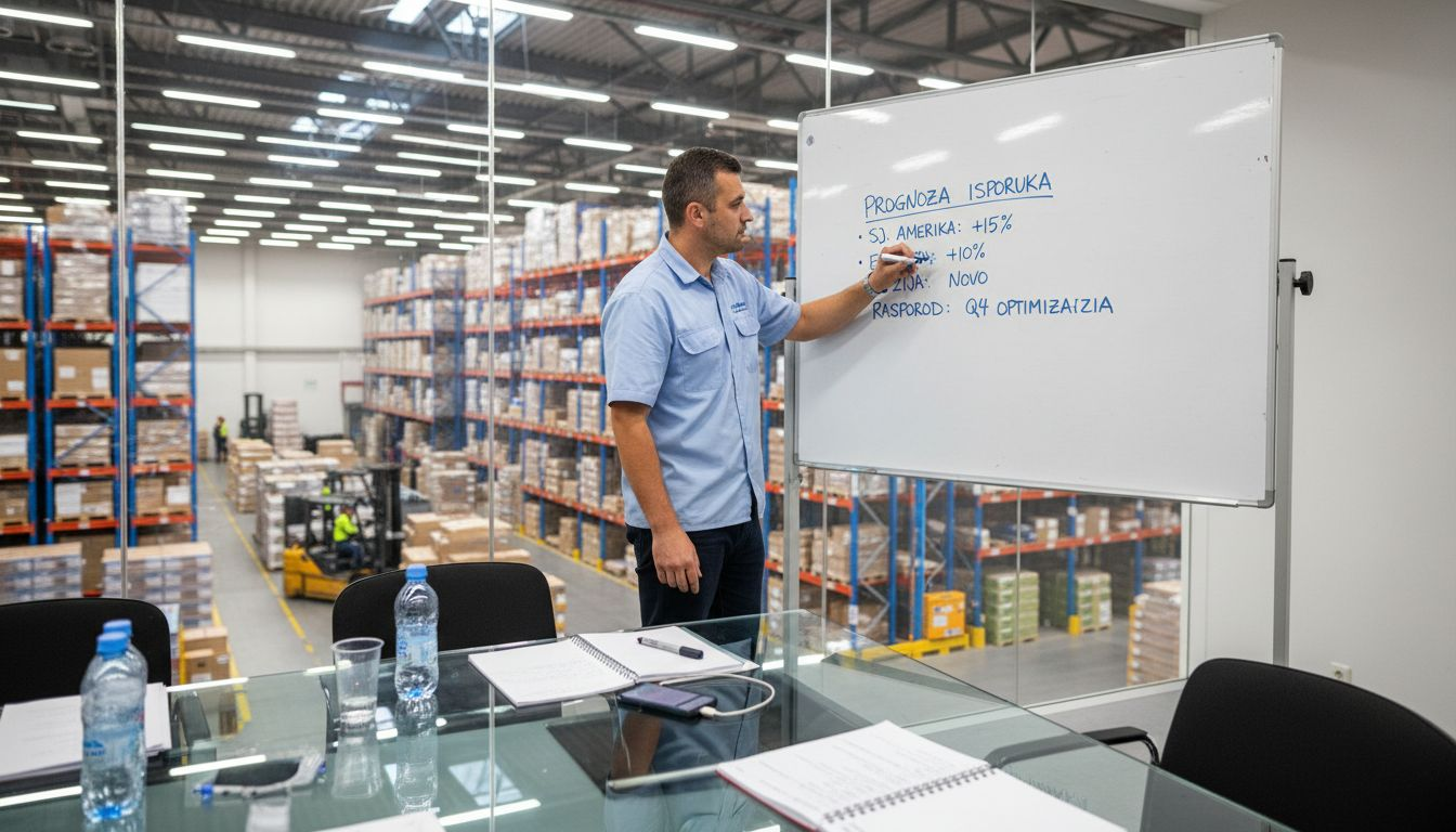 Nadzornik pregledava i bilježi prognoze tijekom sastanka logističkog tima u sali za sastanke.