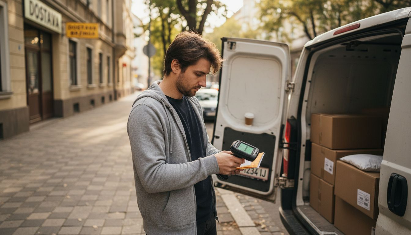 Dostavljač skenira paket pokraj kombija za dostavu u gradu.
