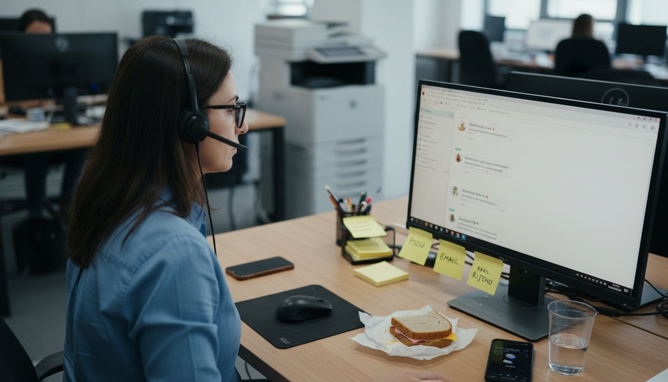 Djelatnica na pretrpanom radnom stolu koristi AI chatbot kako bi si olakšala posao.