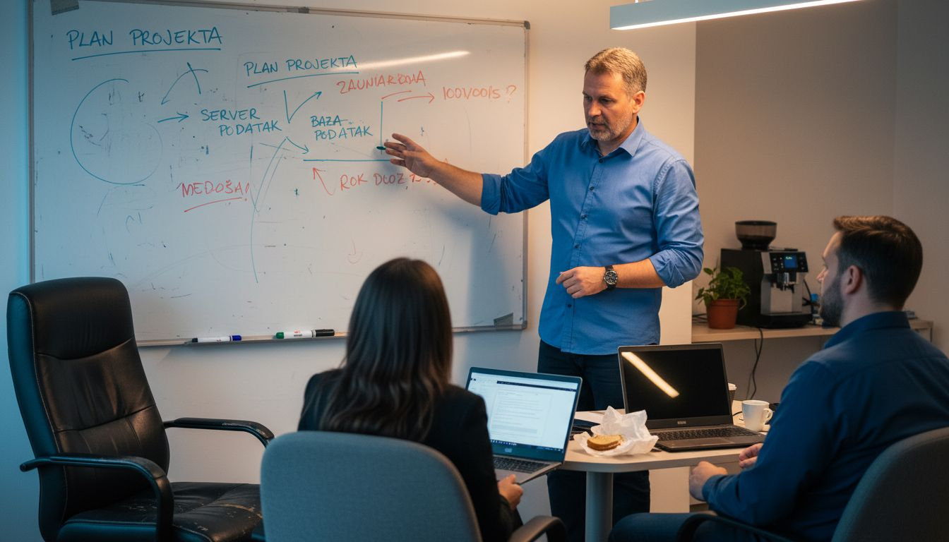 Voditelj tima predstavlja kolegama nova digitalna rješenja i objašnjava kako ih mogu primijeniti u svakodnevnom radu.