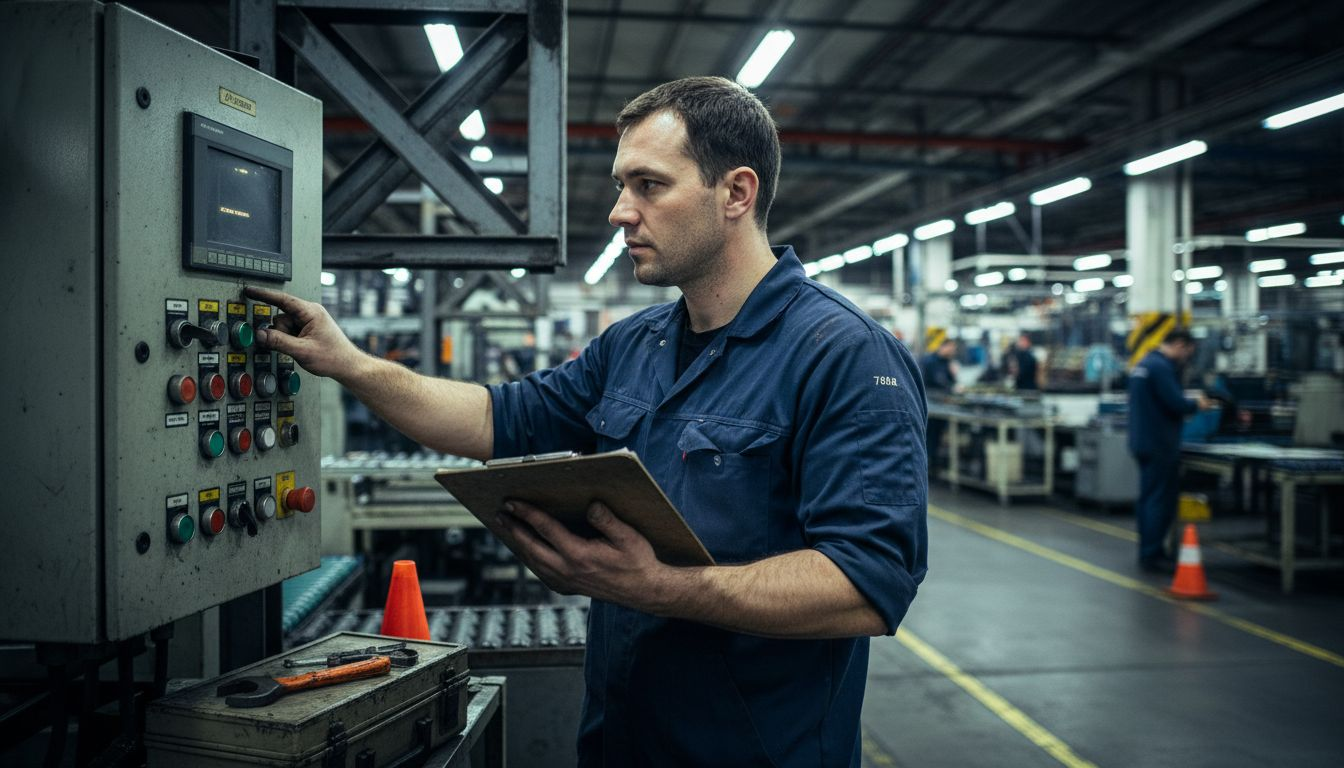 Factory worker operating automation panel