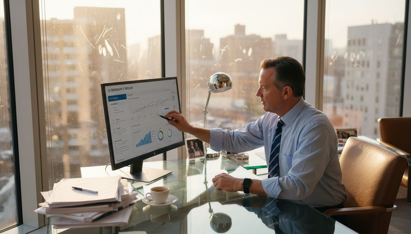 Executive at desk reviewing AI analytics