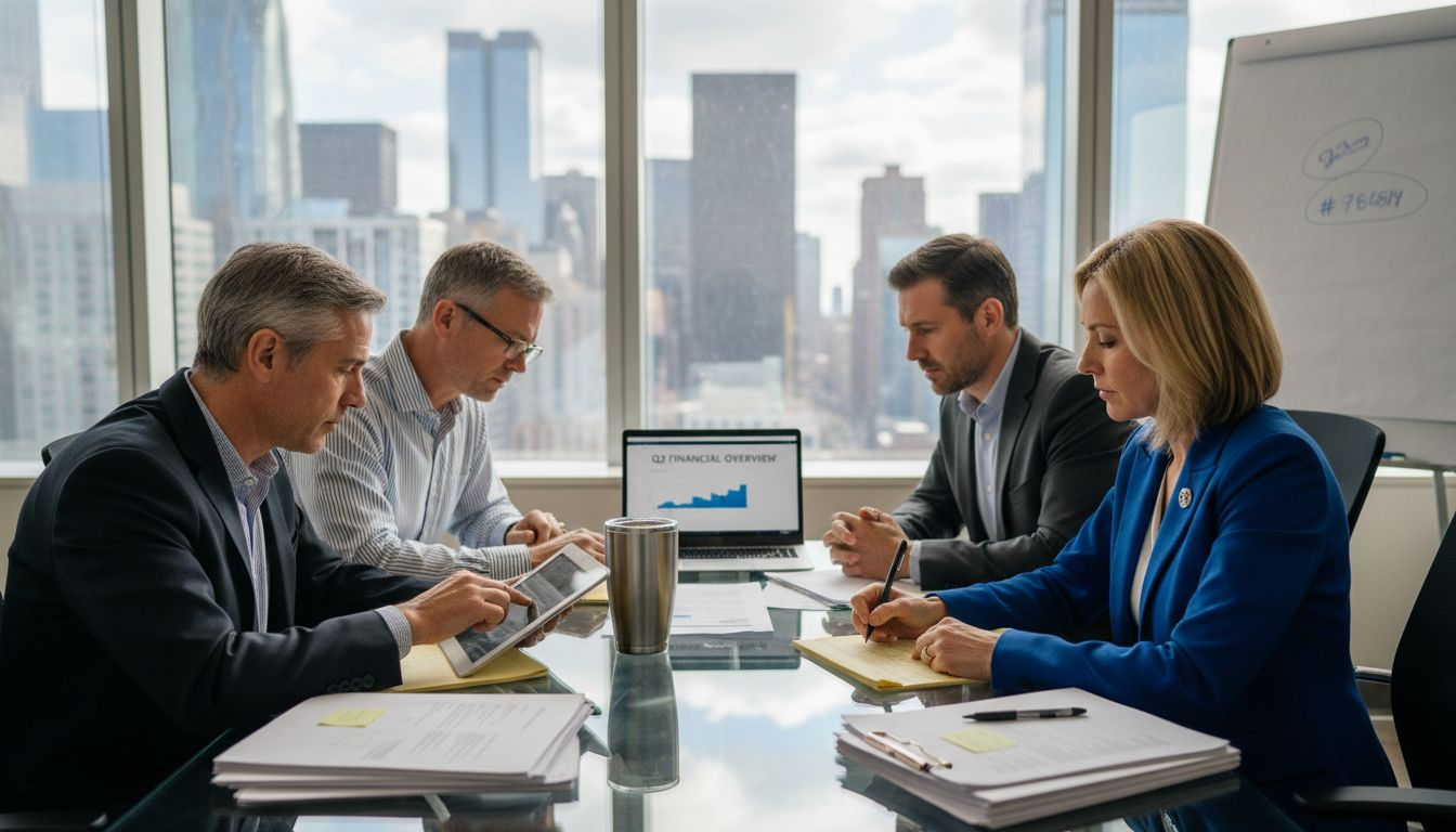 Executive team in corner office discussing AI integration