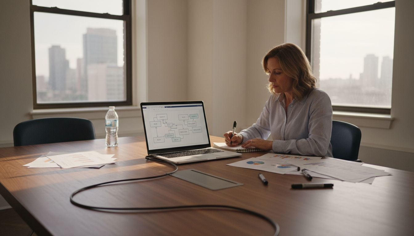 Manager reviewing AI workflow diagrams in office