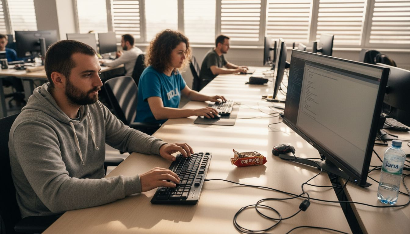 Programeri zajedno rade na kodiranju, sjedeći za istim stolom i razmjenjujući ideje.