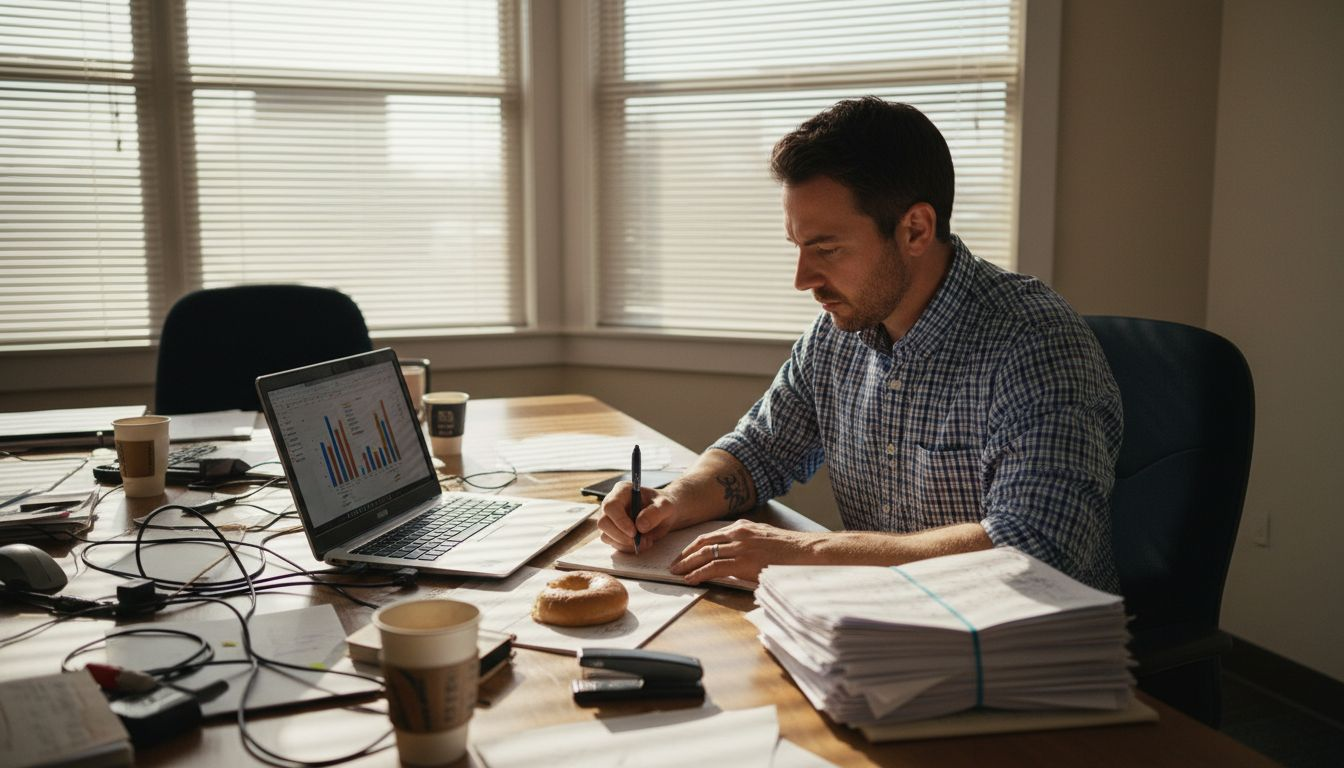 Operations manager reviews charts in busy office